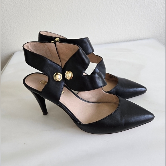 Louise et Cie Pearls Jara Black Leather Pointy Toe Shies Pumps Heels Size 7 - Picture 3 of 16